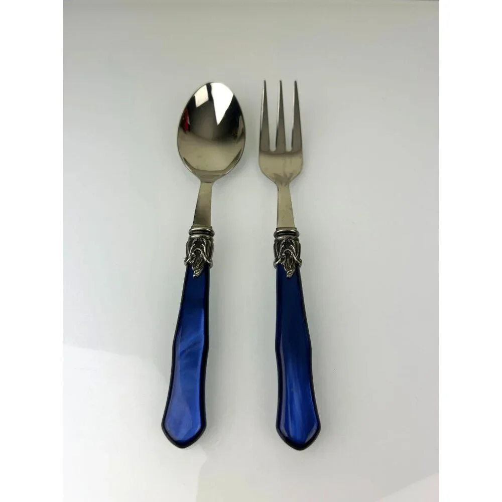 INOX Napoleon 18/10 Made in Italy Blue Stainless Steel Serving Spoon & Fork 9.5